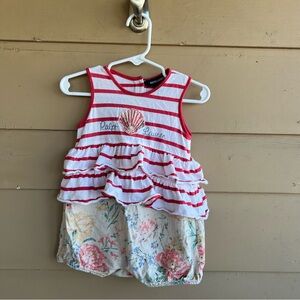 Ralph Lauren Infant Girls Romper Bubble Red Stripe Top/Floral Bottom Sz 12M